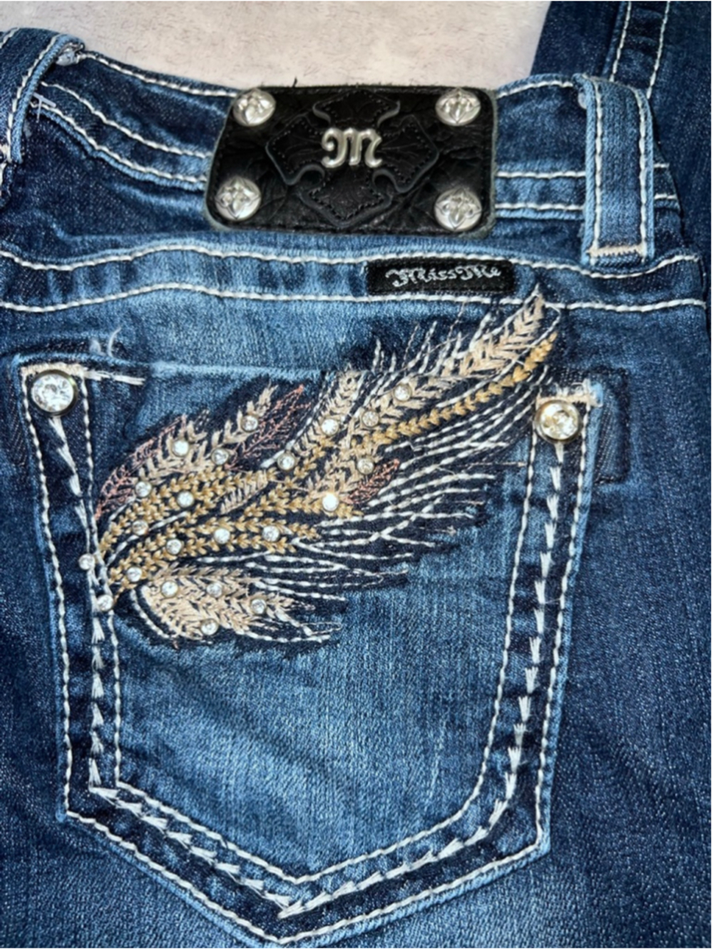 Miss Me Blue Boot Cut Jeans Wing Feather POCKETS MCBLING Size 28 - Picture 6 of 7